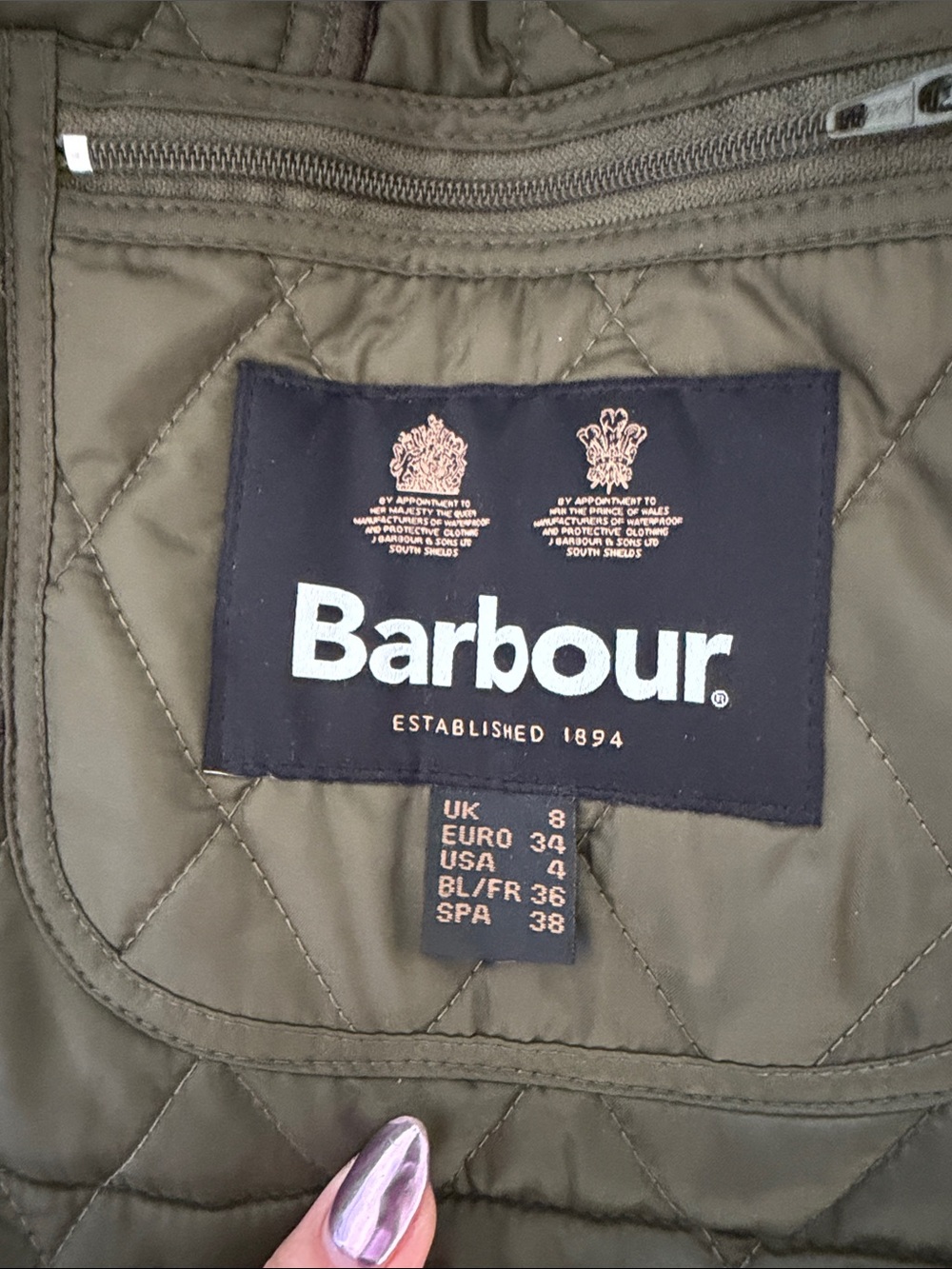 Barbour Olive Green Quilted Jacket with Dark Brown Cord Collar - Picture 4 of 4
